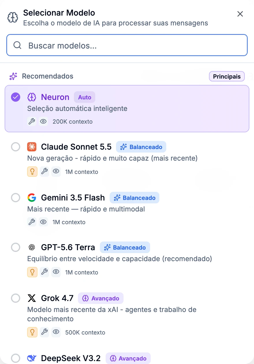 Seletor de modelos do CollaborAI com Neuron selecionado no topo, seguido de Claude Sonnet 5.5, Gemini 3.5 Flash, GPT-5.6 Terra e Grok 4.7