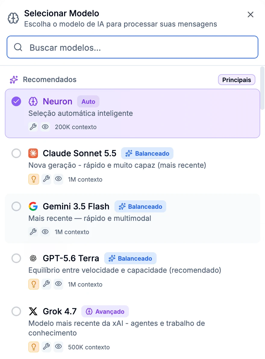 Seção Recomendados do seletor de modelos com Neuron, Claude Sonnet 5.5, Gemini 3.5 Flash, GPT-5.6 Terra, Grok 4.7 e DeepSeek V3.2