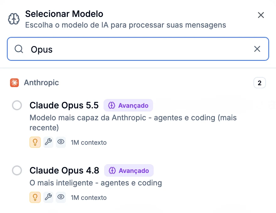 Seletor de modelos filtrado por Opus, mostrando Claude Opus 5.5 e Claude Opus 4.8, ambos avançados com 1M de contexto